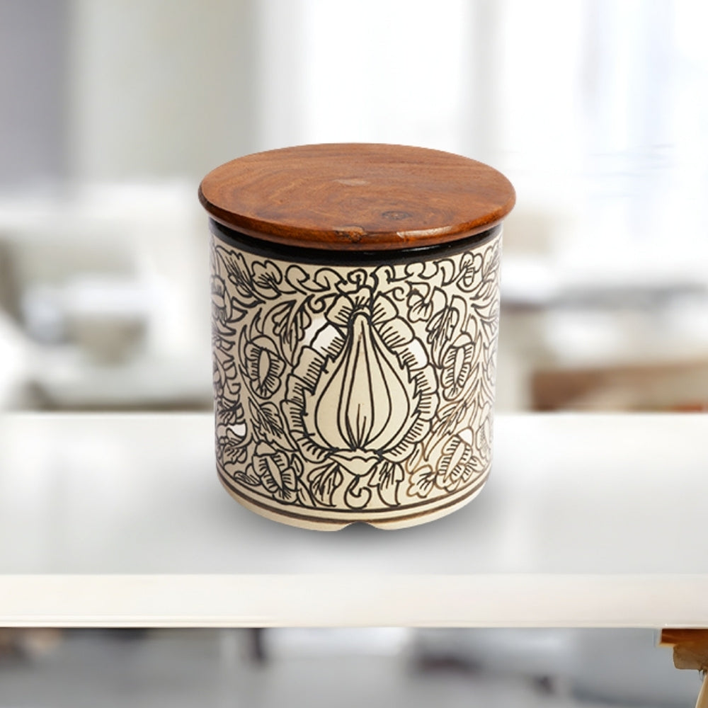 kalamkari circular ceramic canister set of 2 cylindrical storage jars with wooden lid for kitchen storage